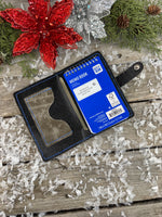 Handmade grey oil-tanned leather memo pad holder with black pigskin interior, royal blue stitching, and silver snap closure by Cherokee Rose Custom Leather.