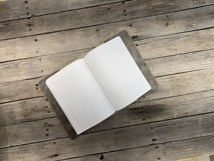 Open notebook on a wooden surface