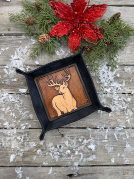 Hand-tooled leather valet tray featuring carved Big Buck deer with antlers, black-dyed handmade tray by Cherokee Rose Custom Leather in Texas.