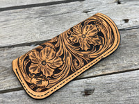 Fully hand carved Western floral leather eyeglasses case with black stitching, handmade by Cherokee Rose Custom Leather