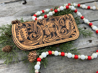 Fully hand carved Western floral leather eyeglasses case with black stitching, handmade by Cherokee Rose Custom Leather