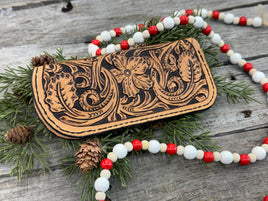 Fully hand carved Western floral leather eyeglasses case with black stitching, handmade by Cherokee Rose Custom Leather