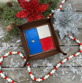 Hand-painted leather valet tray featuring Texas flag with stamped star detail, handmade by Cherokee Rose Custom Leather in East Texas.