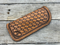 Hand stamped leather eyeglasses case with Texas longhorn basketweave pattern, handmade by Cherokee Rose Custom Leather
