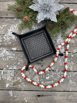 Hand-tooled black leather valet tray with dragon scale stamping, handmade by Cherokee Rose Custom Leather in East Texas.