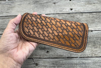 Hand stamped leather eyeglasses case with Texas longhorn basketweave pattern, handmade by Cherokee Rose Custom Leather