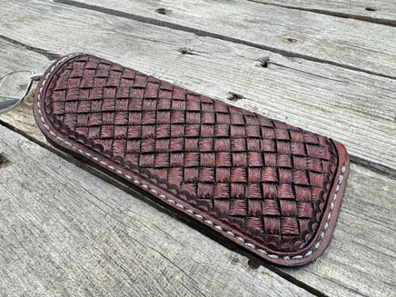 Hand dyed Bordeaux leather eyeglasses case with woven basketweave pattern, handmade by Cherokee Rose Custom Leather