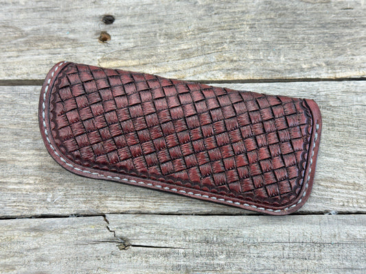 Hand dyed Bordeaux leather eyeglasses case with woven basketweave pattern, handmade by Cherokee Rose Custom Leather