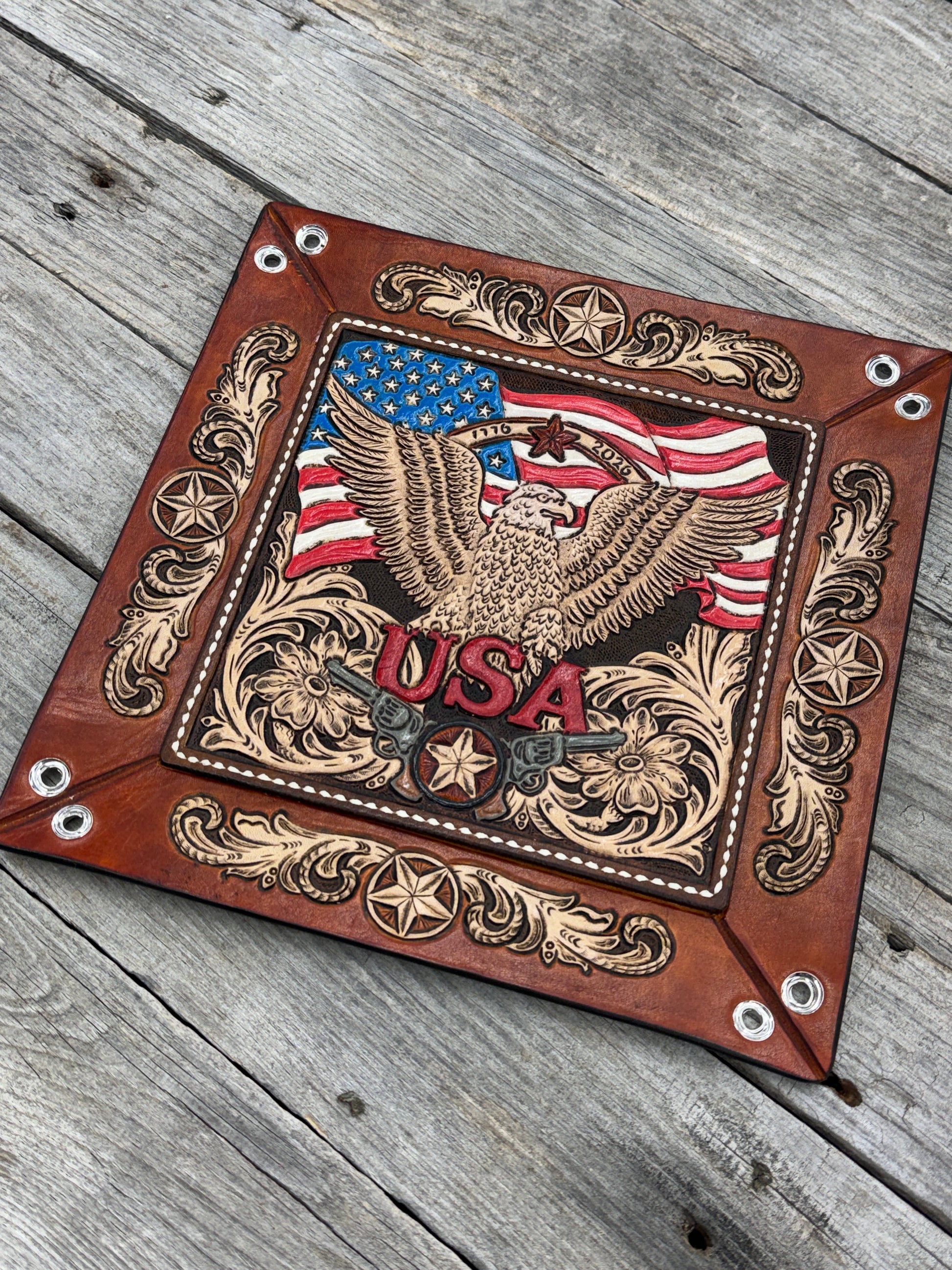 Hand tooled patriotic leather valet tray with American eagle, flag and Western floral design