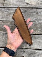 Handmade light brown leather knife sheath for 6–6½" fixed blade knives, hand stitched with brown waxed thread by Cherokee Rose Custom Leather.
