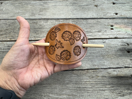 Hand stamped honey bee and floral leather hair barrette with bamboo hair stick.