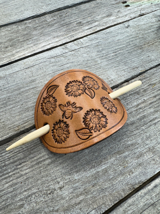 Hand stamped honey bee and floral leather hair barrette with bamboo hair stick.
