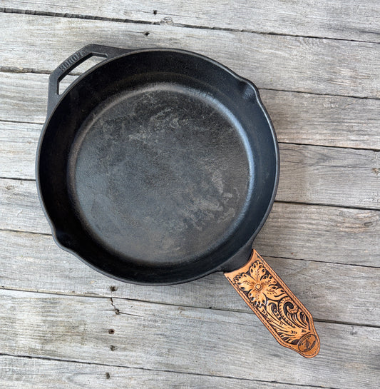 Leather Cast Iron Skillet Handle Cover – Carved Floral