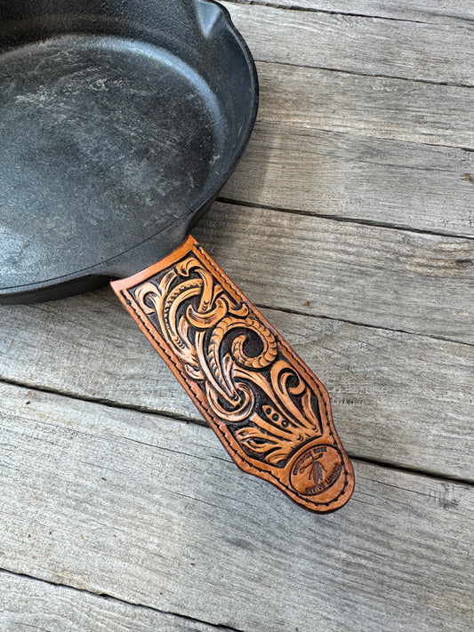 Hand Tooled Leather Cast Iron Skillet Handle Cover – Western Floral