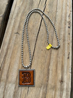 Hand Stamped Leather B Initial in Fancy Scroll Design Necklace