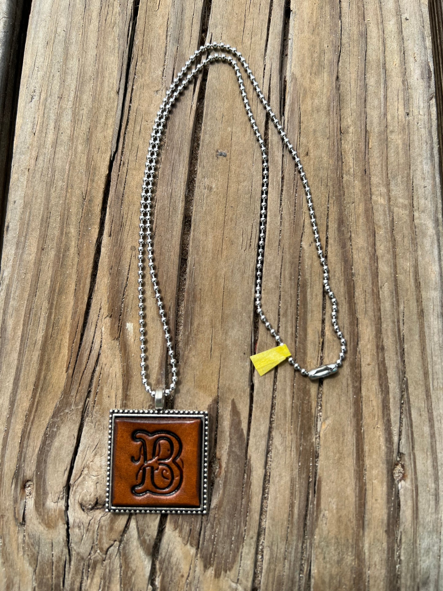 Hand Stamped Leather B Initial in Fancy Scroll Design Necklace