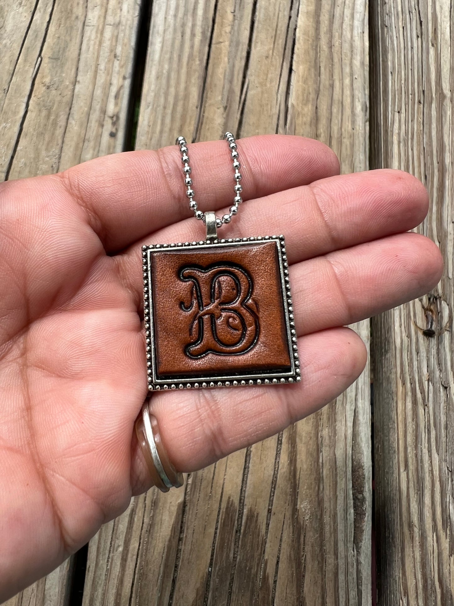Hand Stamped Leather B Initial in Fancy Scroll Design Necklace