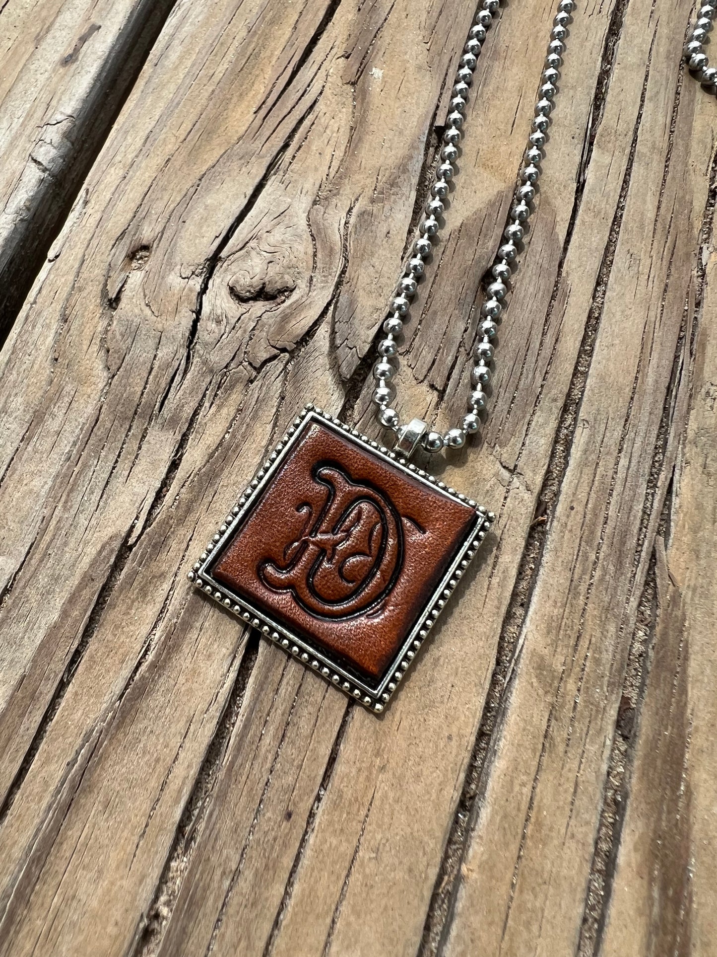 Fancy Scroll Letter 'D' Initial Leather Pendant Necklace