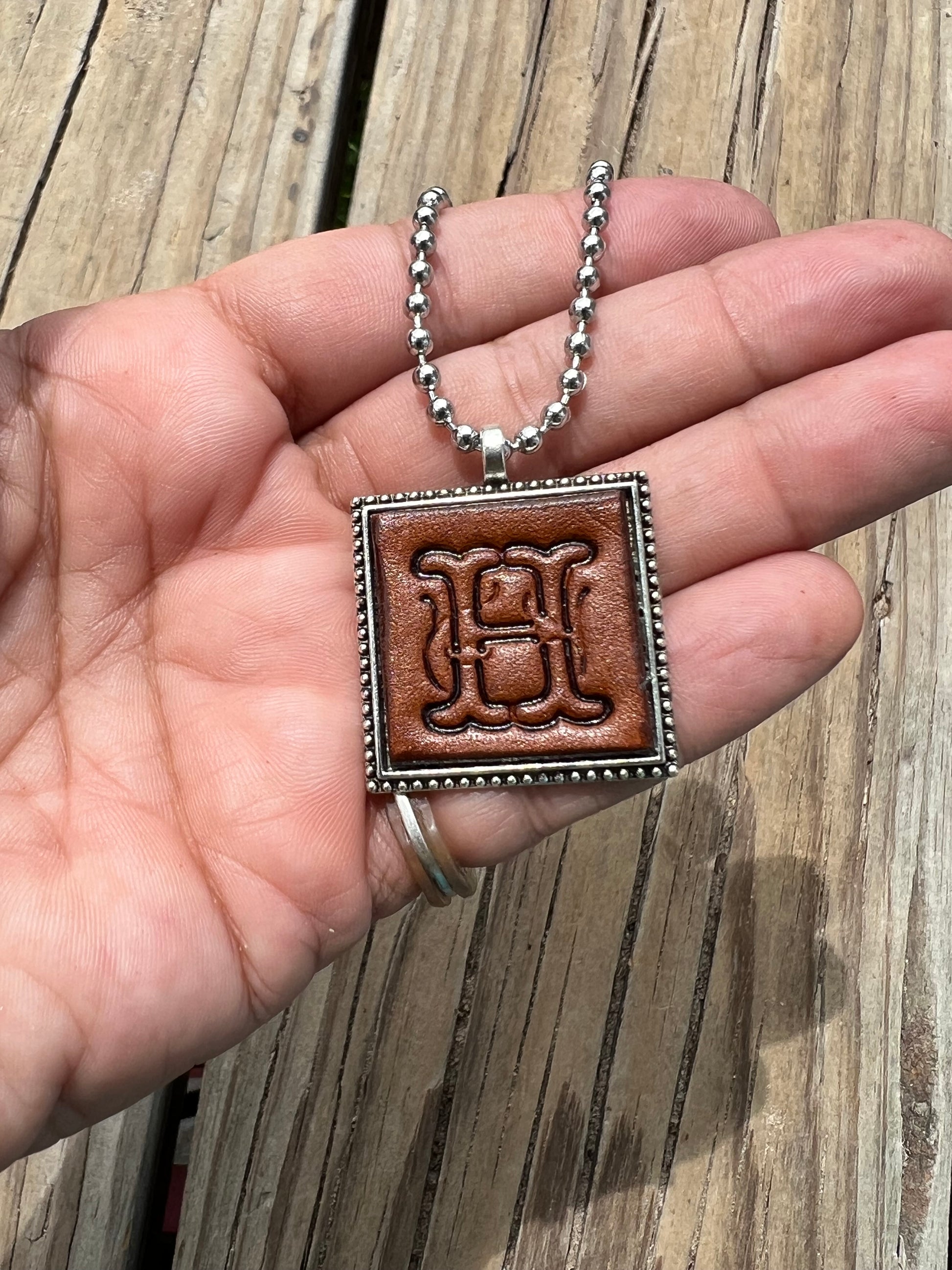 Fancy Scroll Letter 'H' Initial Leather Pendant Necklace