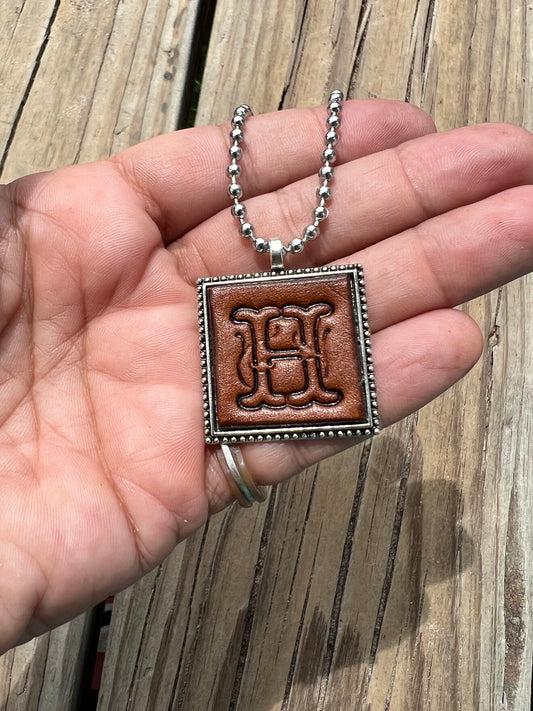 Fancy Scroll Letter 'H' Initial Leather Pendant Necklace
