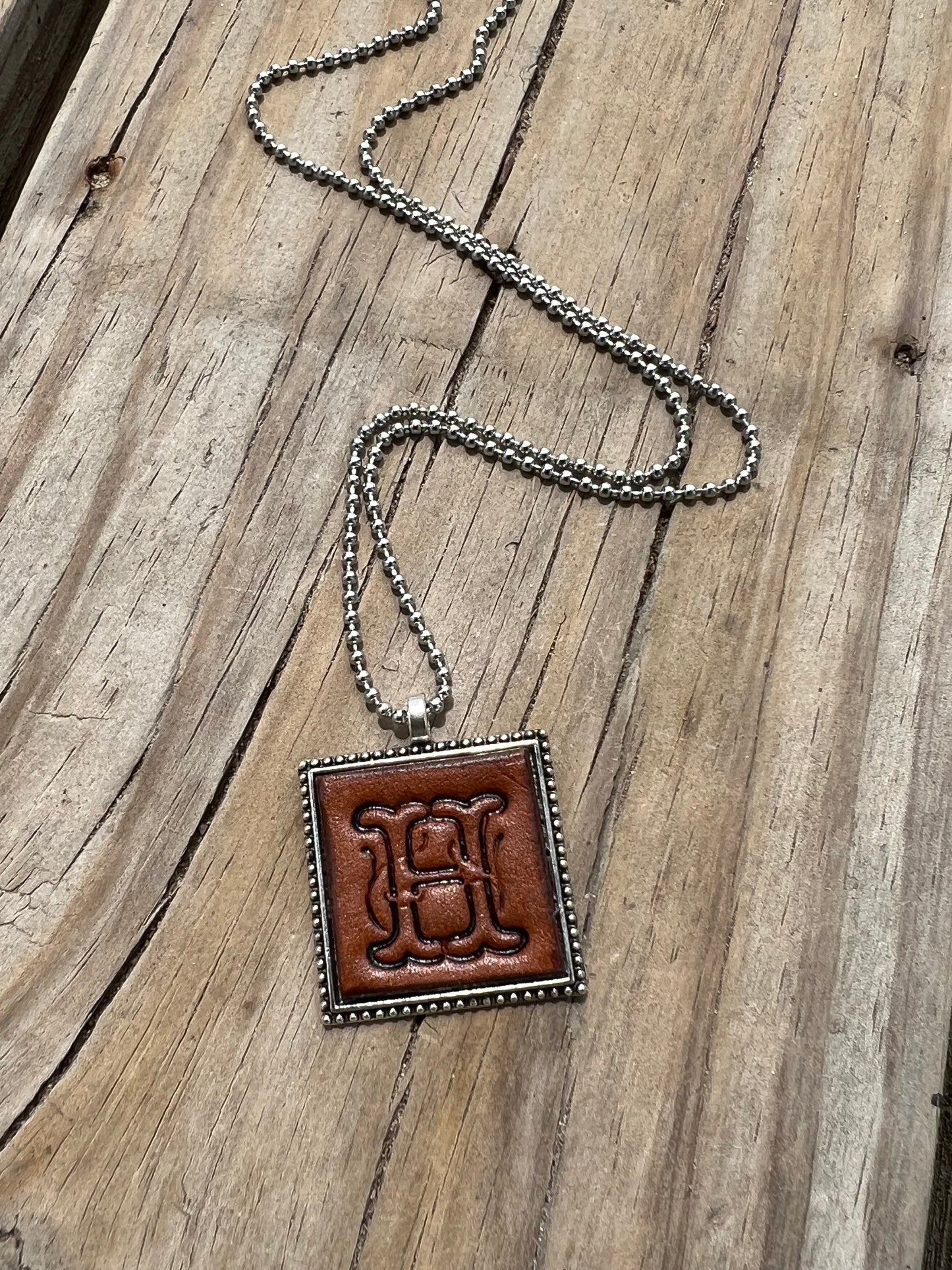 Fancy Scroll Letter 'H' Initial Leather Pendant Necklace