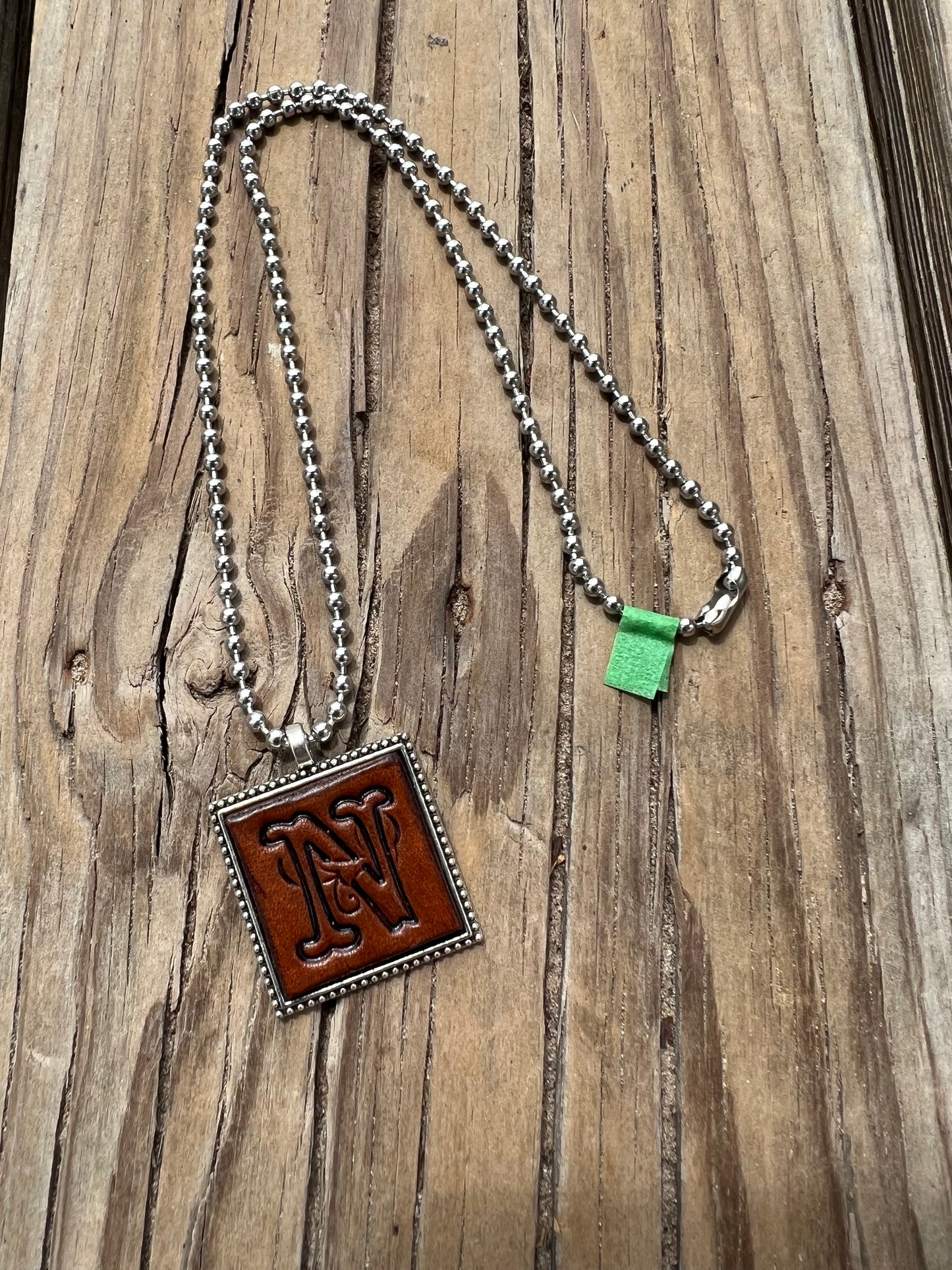 Fancy Scroll Letter 'N' Initial Leather Pendant Necklace