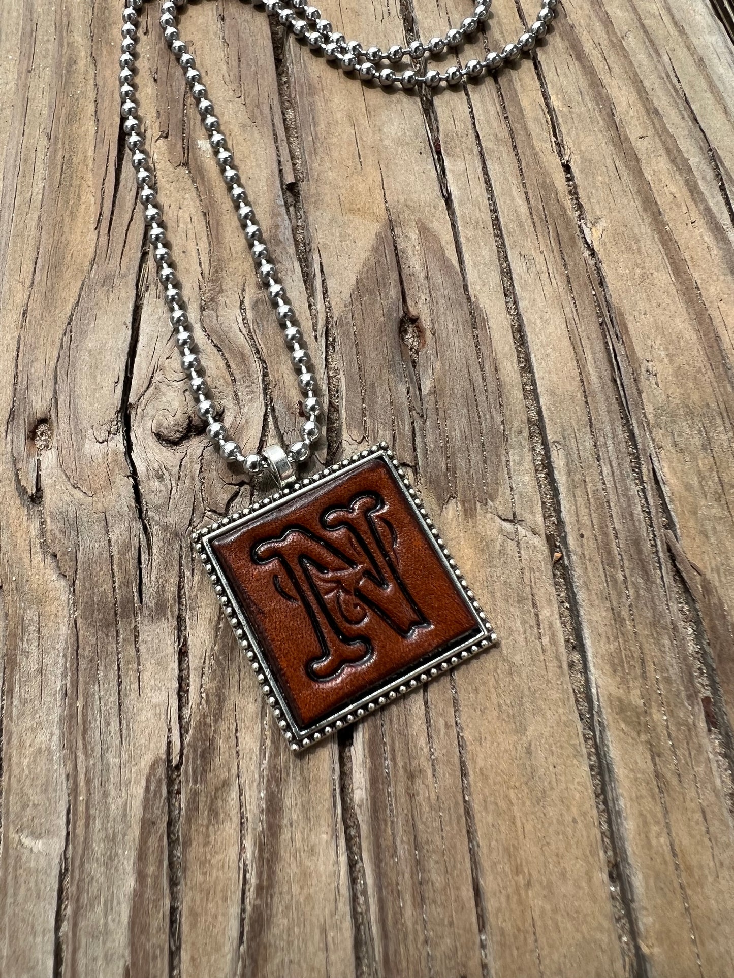 Fancy Scroll Letter 'N' Initial Leather Pendant Necklace