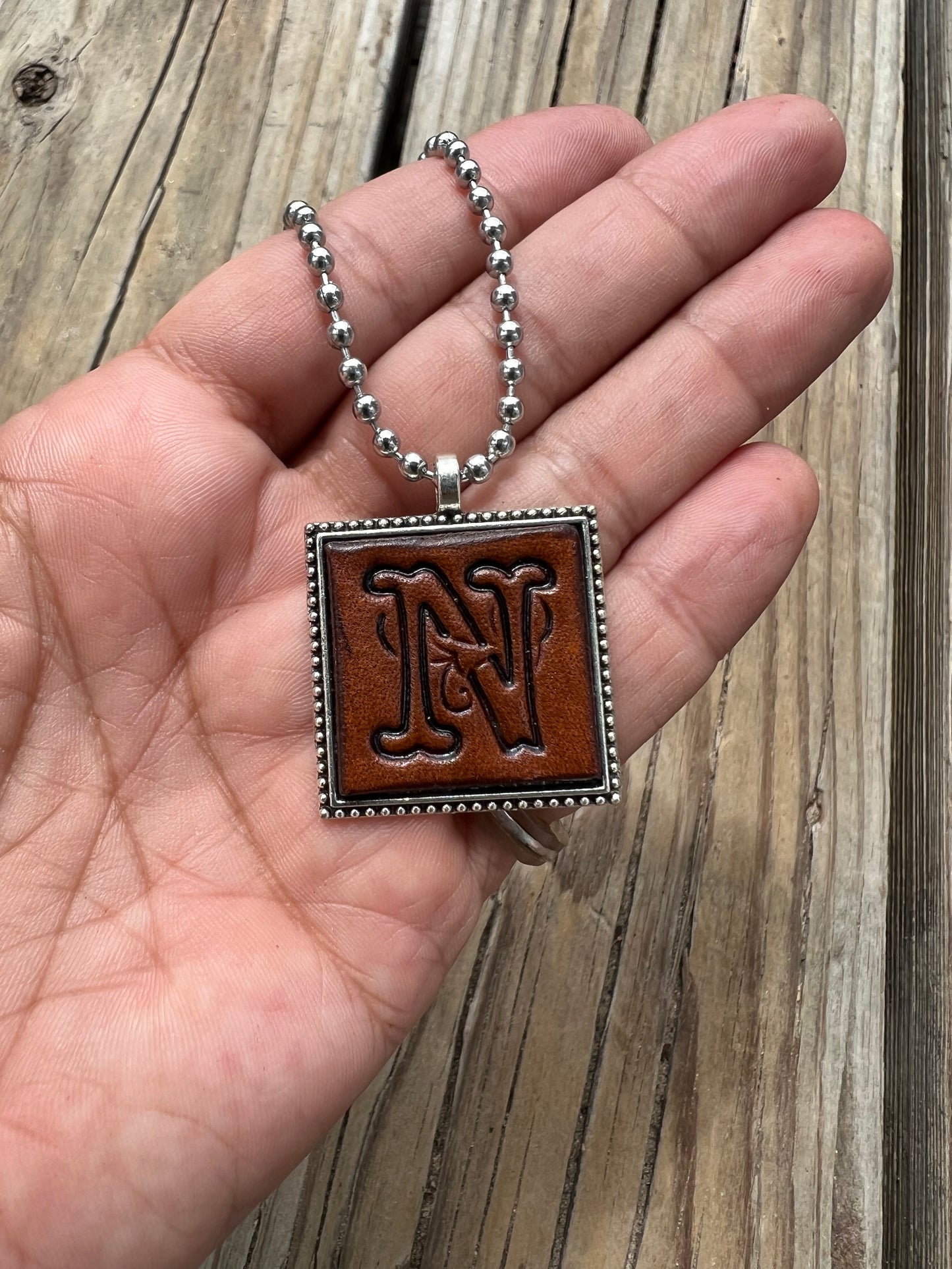 Fancy Scroll Letter 'N' Initial Leather Pendant Necklace