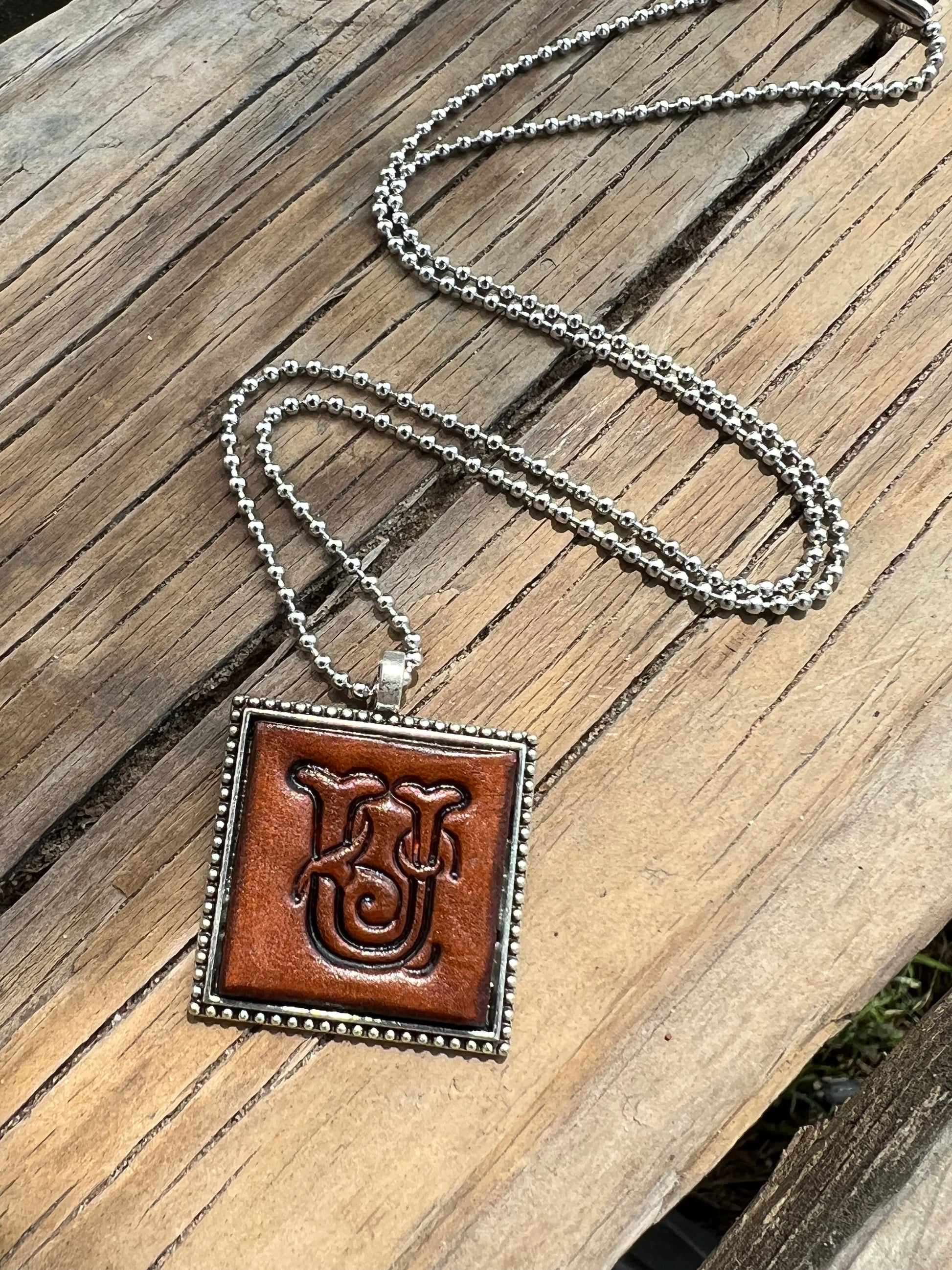 Fancy Scroll Letter 'U' Initial Leather Pendant Necklace