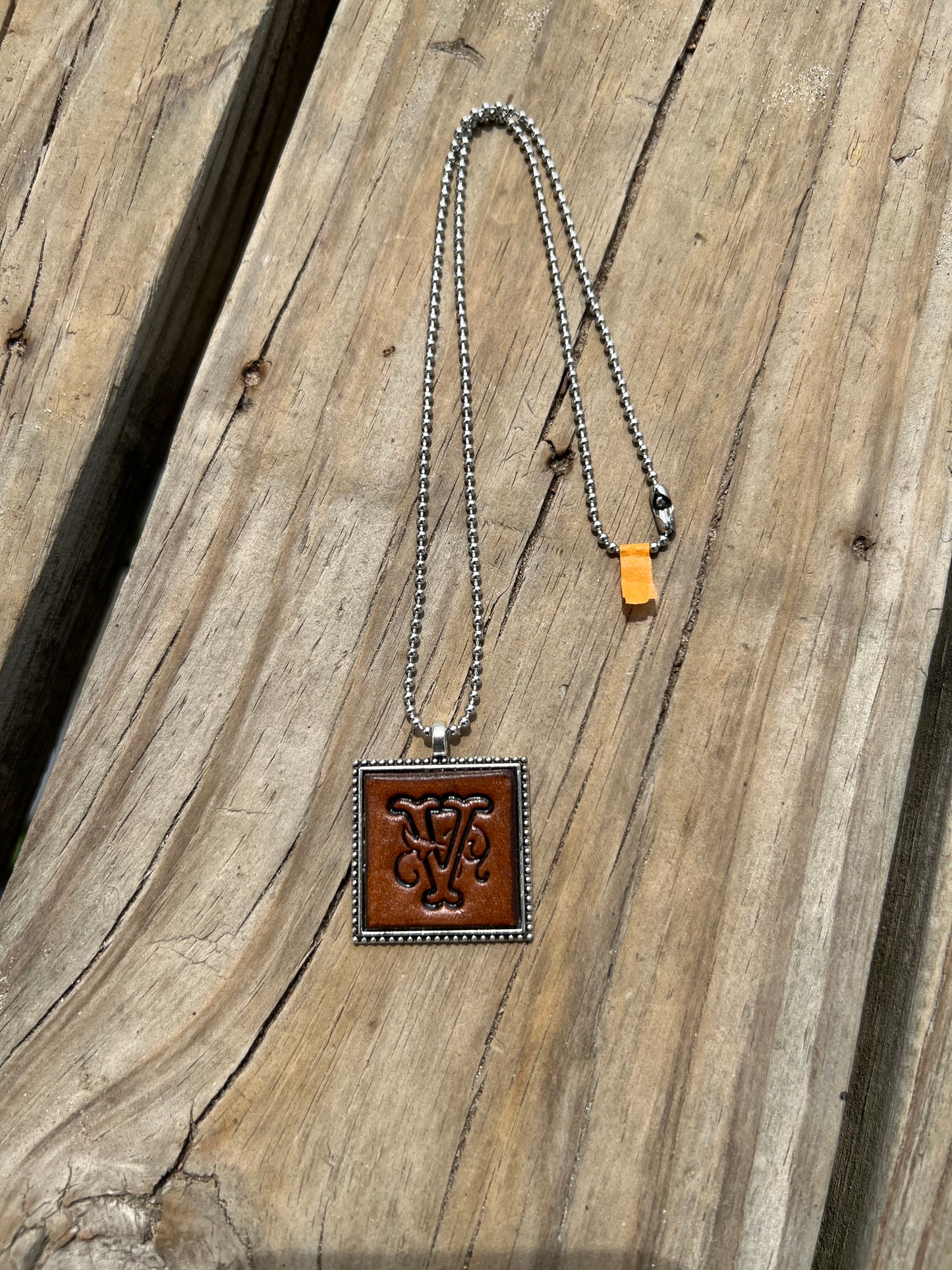 Fancy Scroll Letter 'V' Initial Leather Pendant Necklace