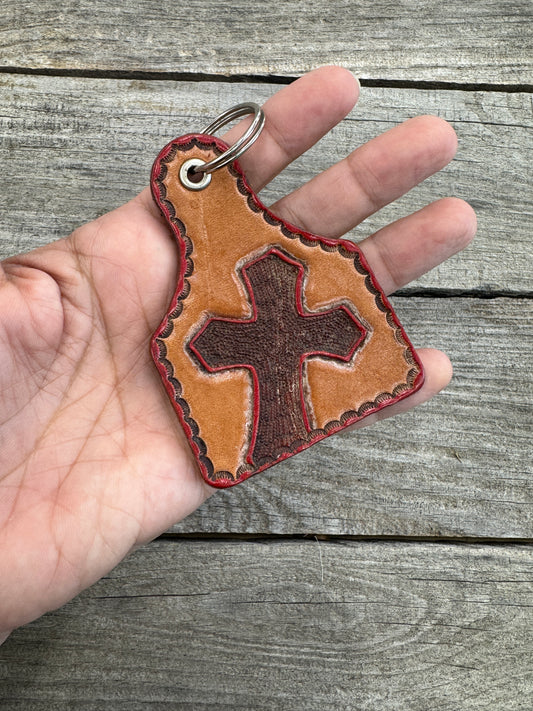 Leather Cross Key Fob – Hand Painted Cattle Tag Design