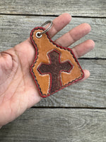 Leather Cross Key Fob – Hand Painted Cattle Tag Design
