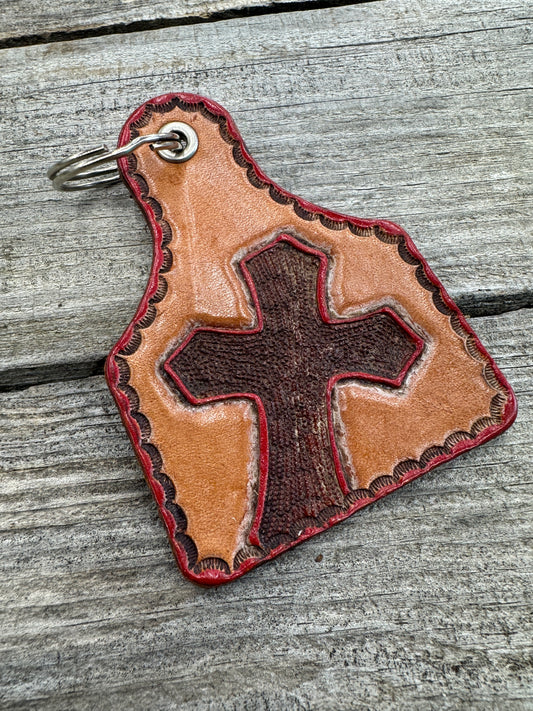 Leather Cross Key Fob – Hand Painted Cattle Tag Design