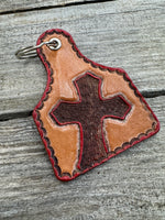 Leather Cross Key Fob – Hand Painted Cattle Tag Design