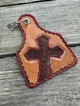 Leather Cross Key Fob – Hand Painted Cattle Tag Design