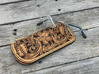Fully hand carved Western floral leather eyeglasses case with black stitching, handmade by Cherokee Rose Custom Leather