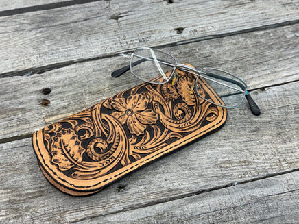 Fully hand carved Western floral leather eyeglasses case with black stitching, handmade by Cherokee Rose Custom Leather