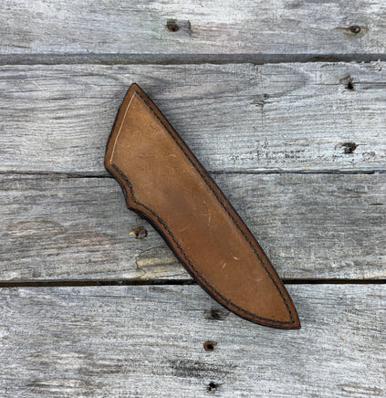 Handmade light brown leather knife sheath for 6–6½" fixed blade knives, hand stitched with brown waxed thread by Cherokee Rose Custom Leather.