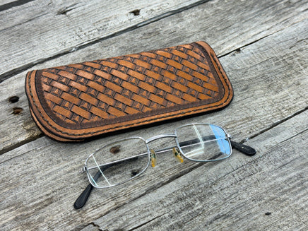Hand stamped leather eyeglasses case with Texas longhorn basketweave pattern, handmade by Cherokee Rose Custom Leather