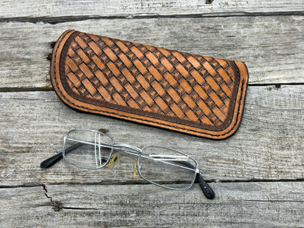Hand stamped leather eyeglasses case with Texas longhorn basketweave pattern, handmade by Cherokee Rose Custom Leather