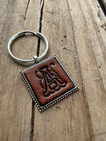 Hand Stamped Leather Initial Keychains – Floral Script Font