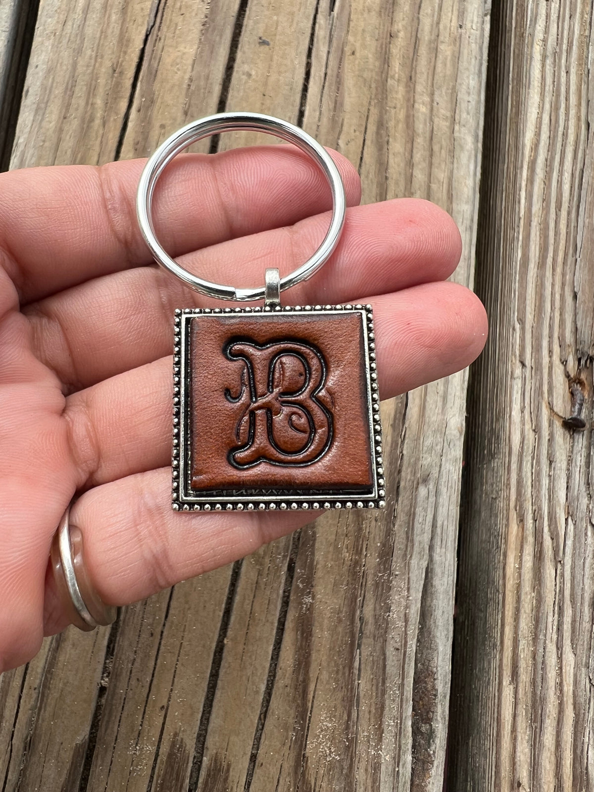 Hand Stamped Leather Initial Keychains – Floral Script Font