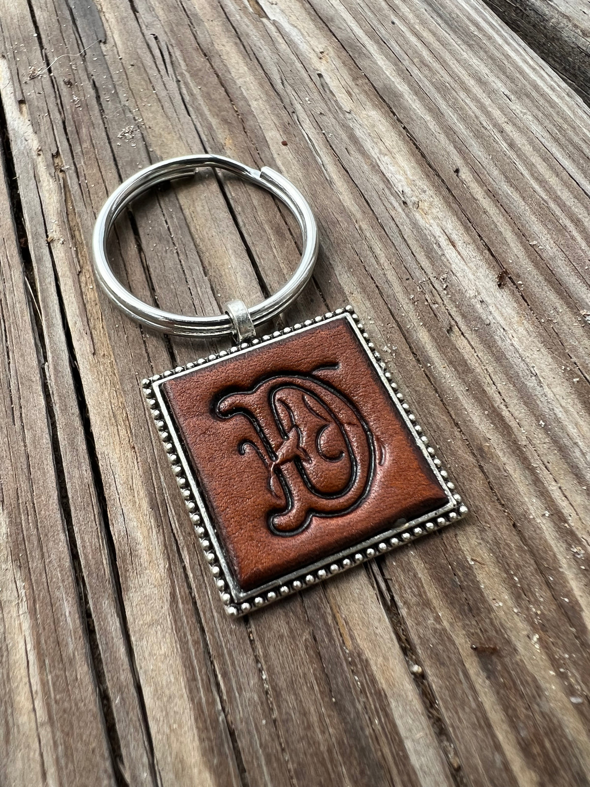 Hand Stamped Leather Initial Keychains – Floral Script Font