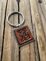 Hand Stamped Leather Initial Keychains – Floral Script Font