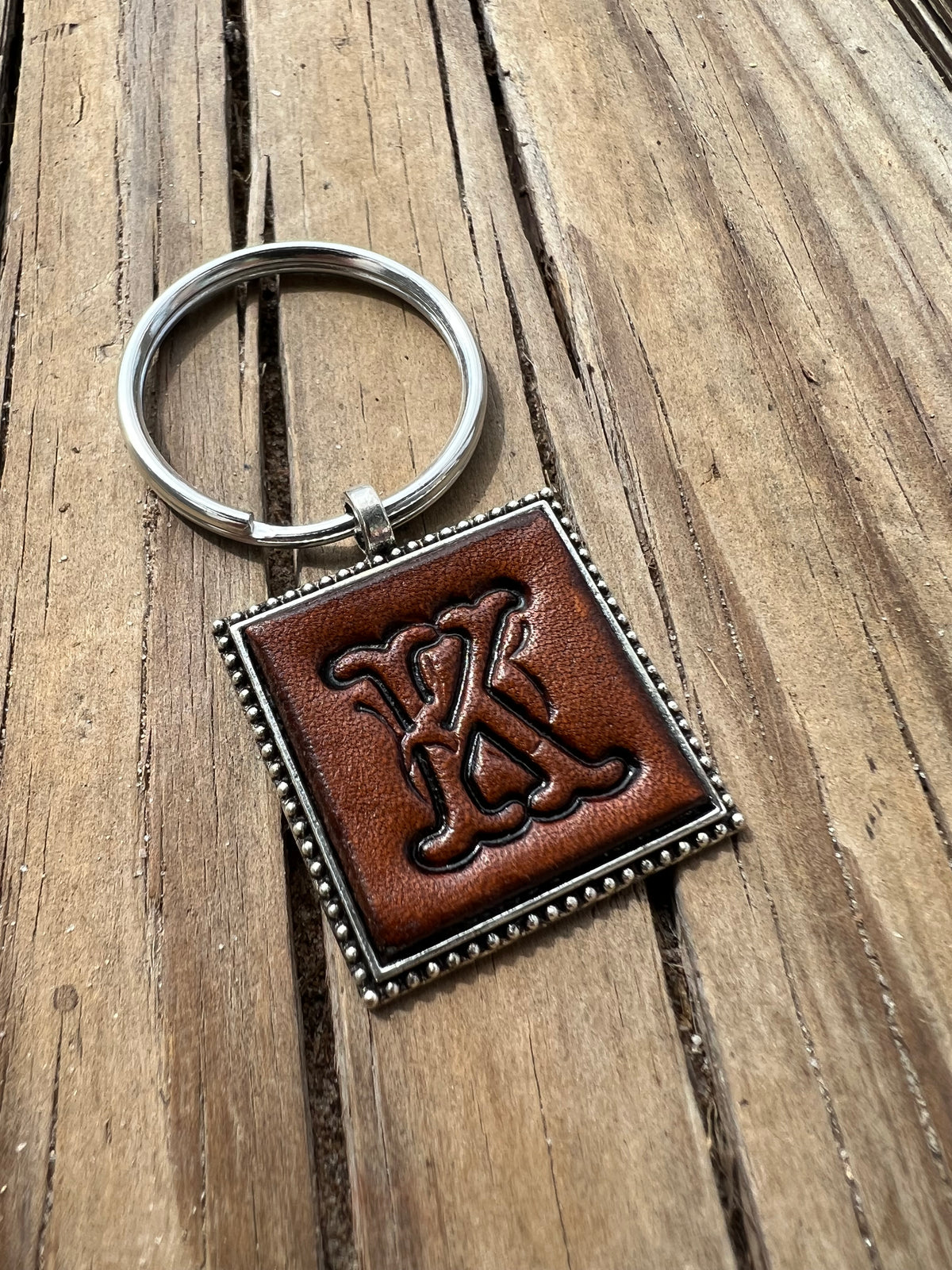 Hand Stamped Leather Initial Keychains – Floral Script Font
