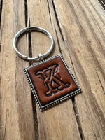 Hand Stamped Leather Initial Keychains – Floral Script Font