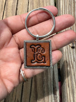 Hand Stamped Leather Initial Keychains – Floral Script Font