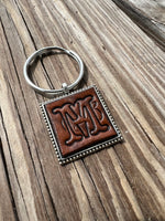 Hand Stamped Leather Initial Keychains – Floral Script Font