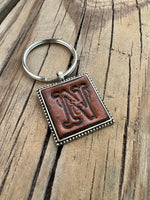Hand Stamped Leather Initial Keychains – Floral Script Font