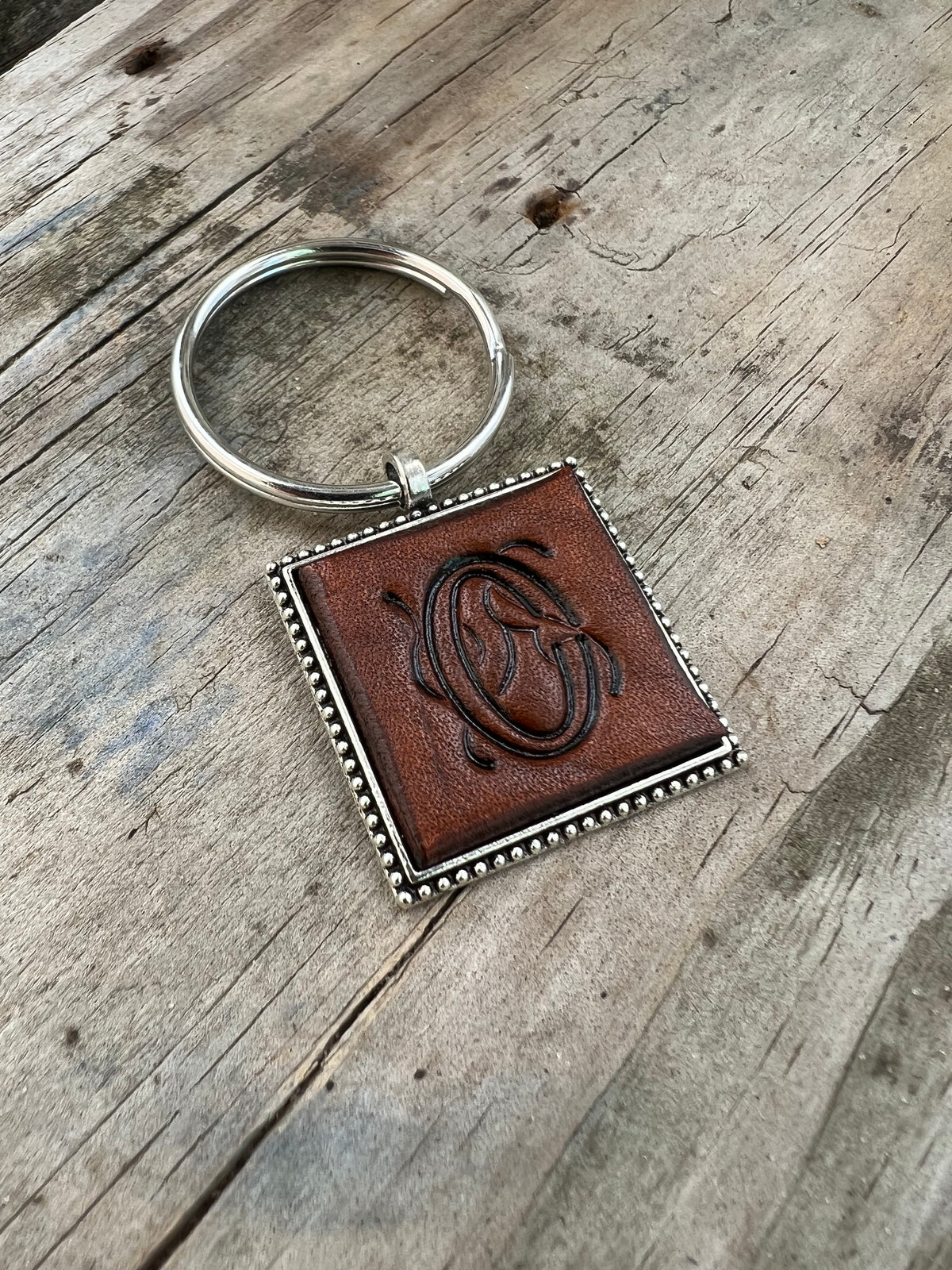 Hand Stamped Leather Initial Keychains – Floral Script Font